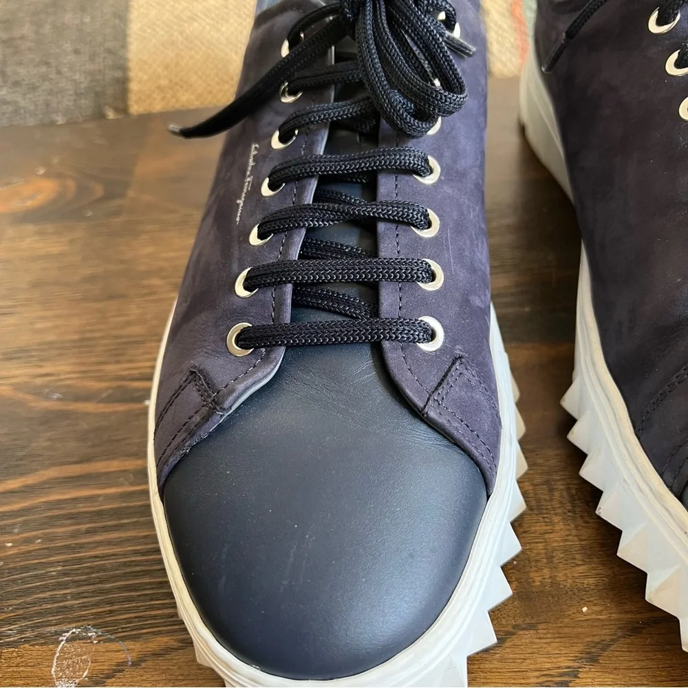 Salvatore Ferragamo $895 Cube Suede & Leather Low-Top Sneakers Navy - Picture 7 of 14